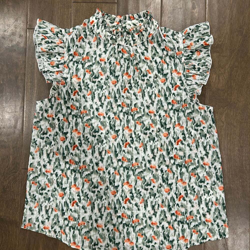 Kori‎ America Women's Green & Orange Floral Ruffle Sleeve Mock Neck Top M